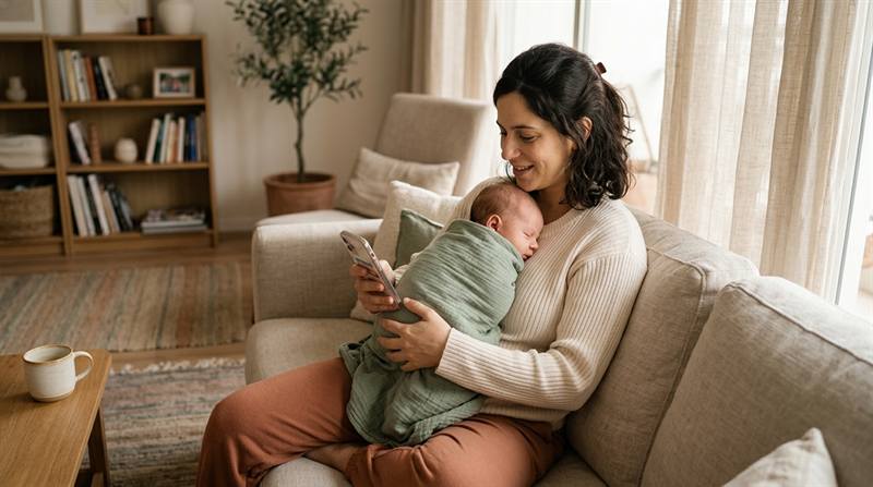 אמא רגועה עם תינוק ישן בסלון נעים ומביטה בסמארטפון בחיוך של הקלה - MamiRefund